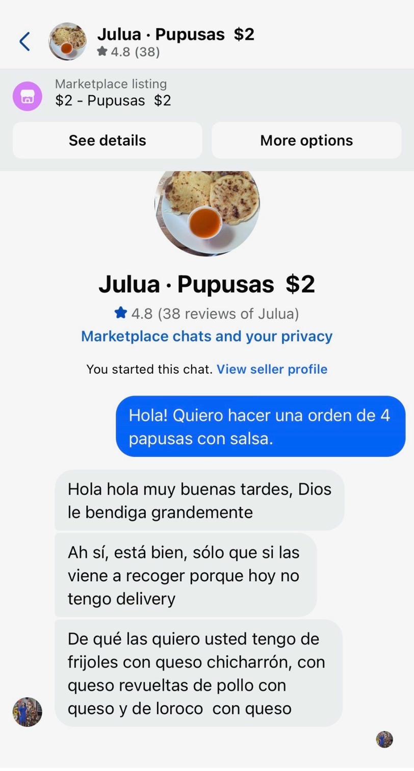 Facebook Marketplace listing showing Julua's Pupusas with a 4.8 star rating and $2 price