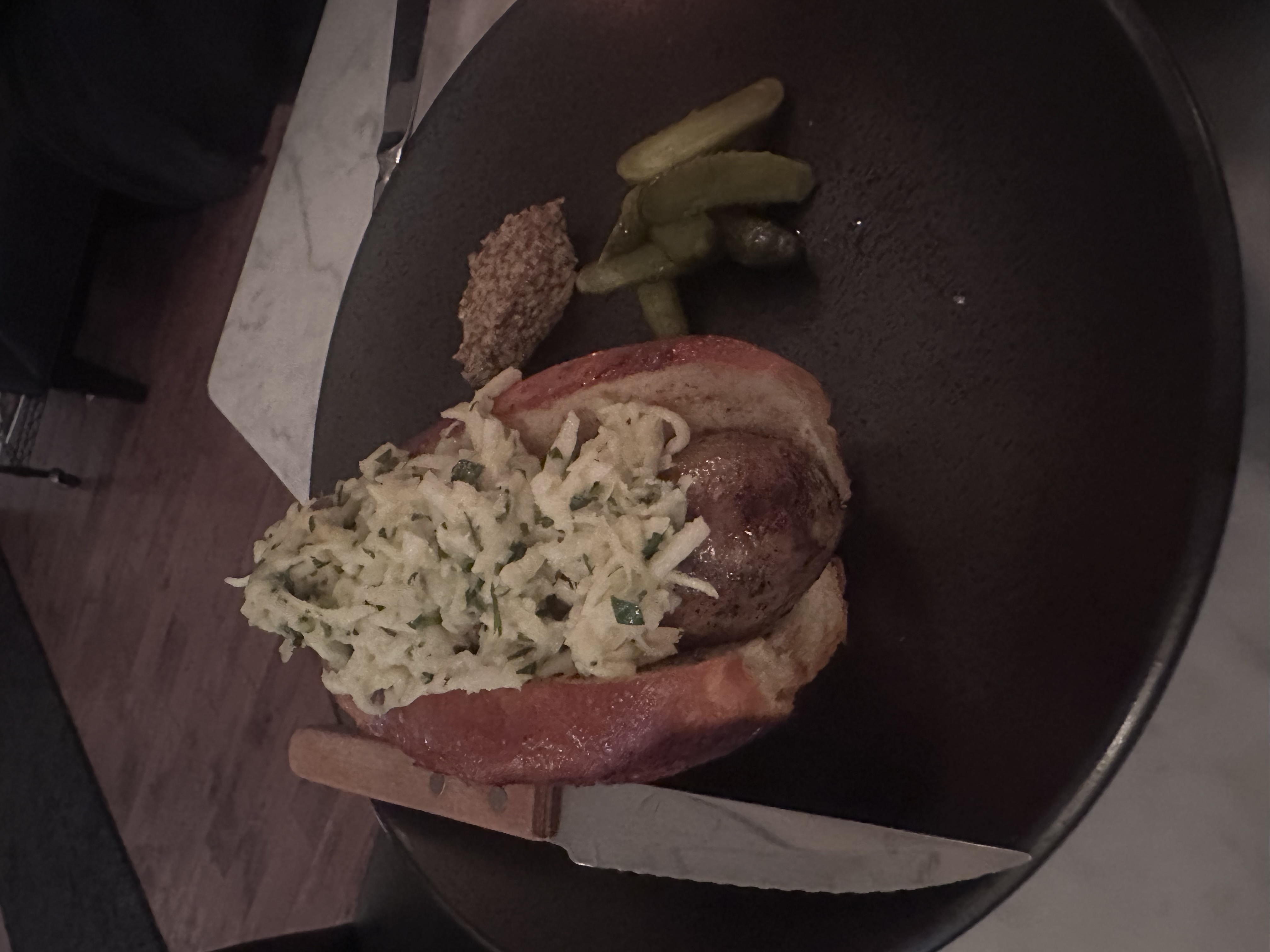Alpine Sausage with mustard and pickles at The Crooked Ram Manchester Vermont